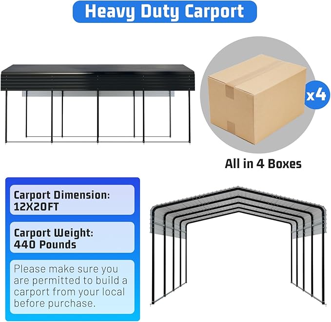 Metal Carport 12x20FT with Reinforced Base - Galvanized Steel Roof Heavy Duty Carport Canopy, for Cars, Motorcycles, Pickup Trucks, SUVs, Tractors and Boats,Black