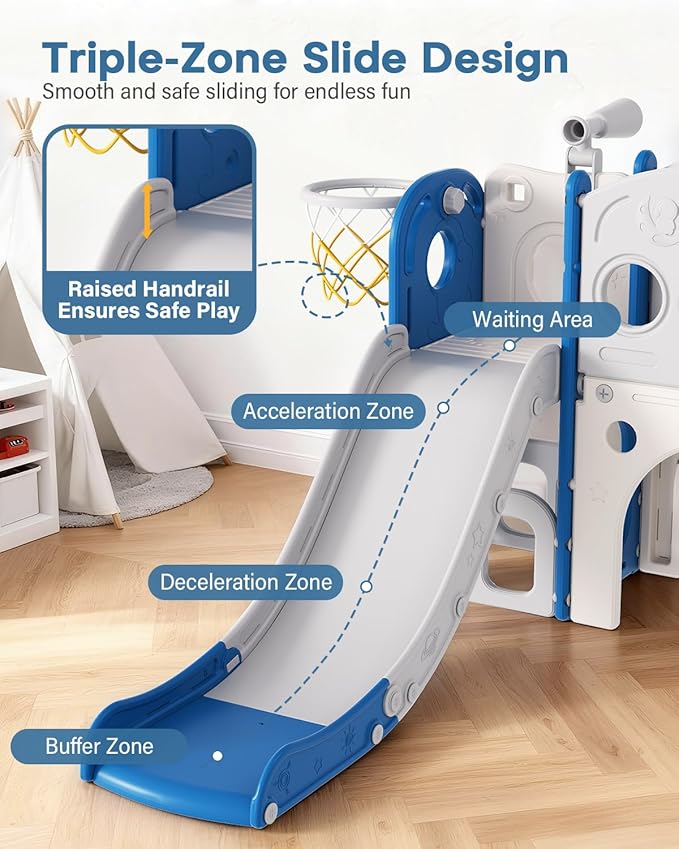 Babytronic Toddler Slide Set, 8 in 1 Kids Slide, Indoor Outdoor Slide for Toddlers Age 1-3, Toddler Playset with Basketball Hoop and Tunnel, Toddler Indoor Outdoor Playground, Blue&Grey