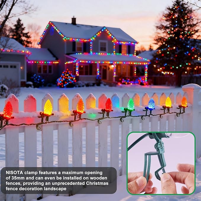 C9 LED Outdoor Christmas Lights,C9 String Lights with Quick Clips,for Xmas House Roof Gutter,Plug in & Connectable,132FT 200 Light,BlueWhite Faceted