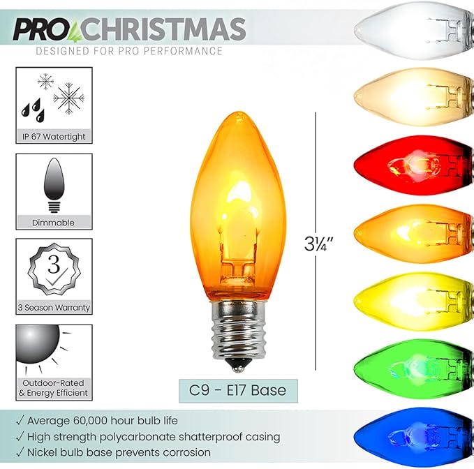 Pro Christmas C9 LED U Shape Flexible Filament Bulb - Pro Pack of 25 Bulbs - Energy Efficient Outdoor Waterproof Lighting for Holiday Decor, Christmas Trees - Amber