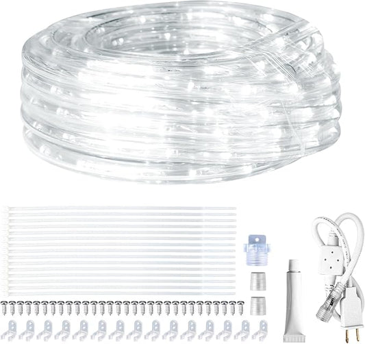 SURNIE Rope Lights Outdoor Waterproof Daylight White: LED 25FT Cuttable Outside Bright 110V Lighting 6000K Flexible Cool Clear Tube, Indoor Deck Patio Xmas Camping Decor, Not Flat Strip