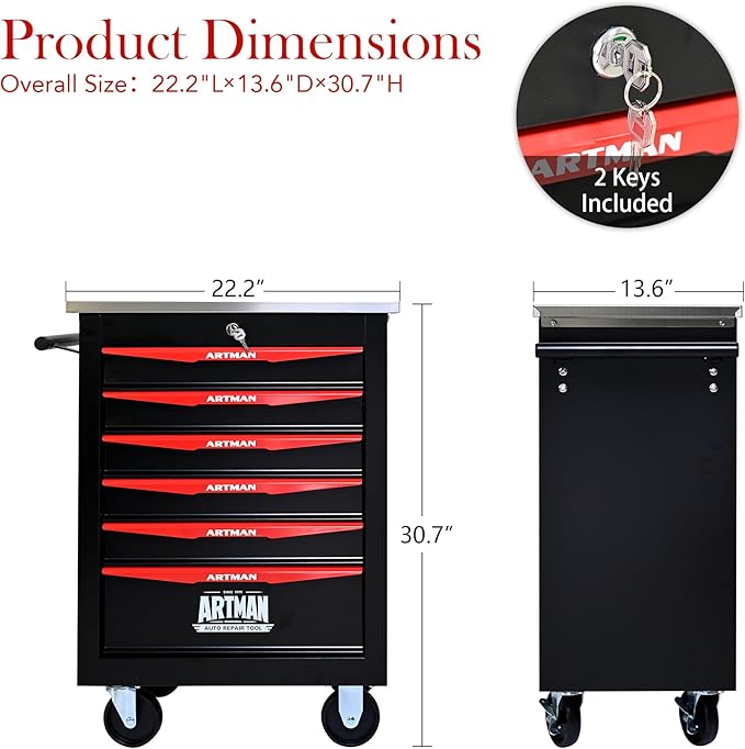 RYH 4/5/6/7 Drawers Rolling Tool Chest -Heavy Duty Mobile Metal Tool Box with Locking Wheels, with Stainless Steel Worktop, Garage Tool Storage Cabinet (Black, 6-Drawers 30.7 H¡¿22.2 W)