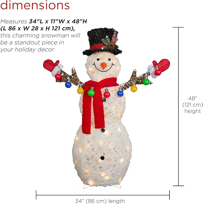 Alpine Corporation CHT972, White Mesh Fabric 3D Snowman Holding Christmas Lights with 60 Warm White LED Lights - Large 4 Feet Tall Indoor/Outdoor Holiday Décor, Christmas Decoration