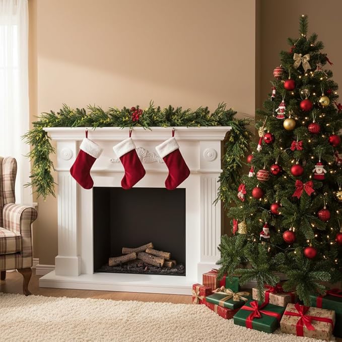 9ft Handmade Christmas Garland,Artificial Cypress Cedar Pine Needles Greenery Seasonal Garland for Christmas Fireplace Winter Holiday Indoor Outdoor Decoration