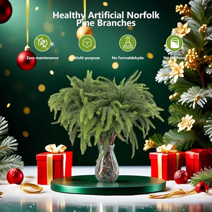 12 Pcs Christmas Norfolk Pine Stems Artificial, 18 Inch Real Touch Faux Norfolk Branches for Vase Fillers, Fake Greenery Pine Picks for DIY Christmas Decorations