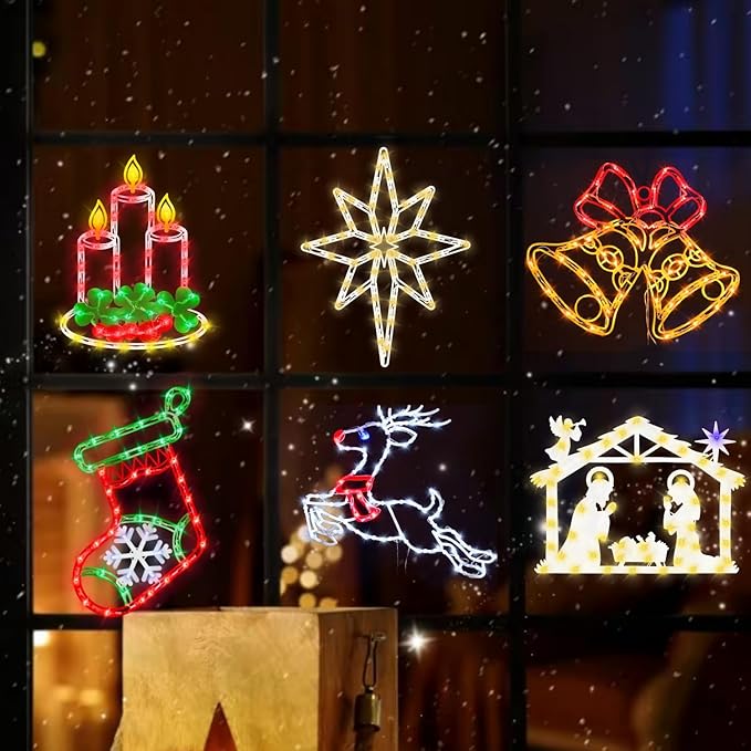 16" Christmas Window Silhouette Lights Decorations - 6 Pack Colour Lighted Reindeer ＆ Bell ＆ Nativity ＆ Candle ＆ Christmas Stocking ＆ Bethlehem Star for Holiday Wall Door Window Decorate