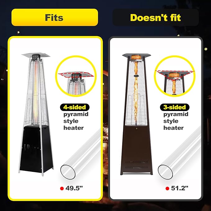 Patio Heater Glass Tube Replacement with Rubber Ring, 49.5¡È Tall 4¡È Diameter, Quartz Glass Tube Fit Four-Sided Pyramid Flame Outdoor Heaters Compatible with Hiland, Fire Sense