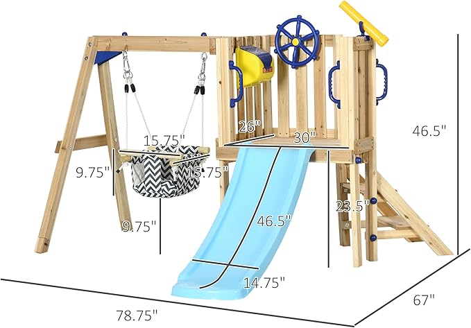 Outsunny Swing Set for Backyard, Wooden Toddler Outdoor Playset with Baby Swing Seat, Kids Slide, Fort, Playground Equipment with Captain's Wheel, Telescope for Ages 1.5-4, Natural