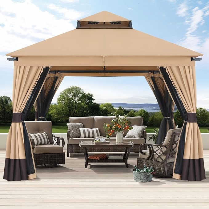 MASTERCANOPY 10x10FT Outdoor Patio Gazebo with Double Roofs, Mosquito Netting and Privacy Screens for Backyard, Garden, Lawn, Beige