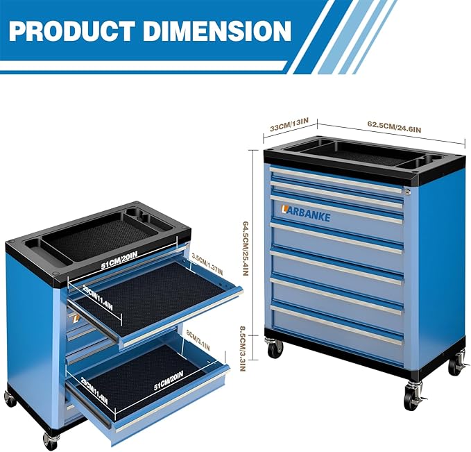 LARBANKE 7-Drawer Rolling Tool Chest with Lock&Keys and Swivel Casters,Tool Chest with Multi-Sizes Drawers and Multifunctional Countertop,Special Connect Rods for Connection with 5-Drawer Tool Cabinet