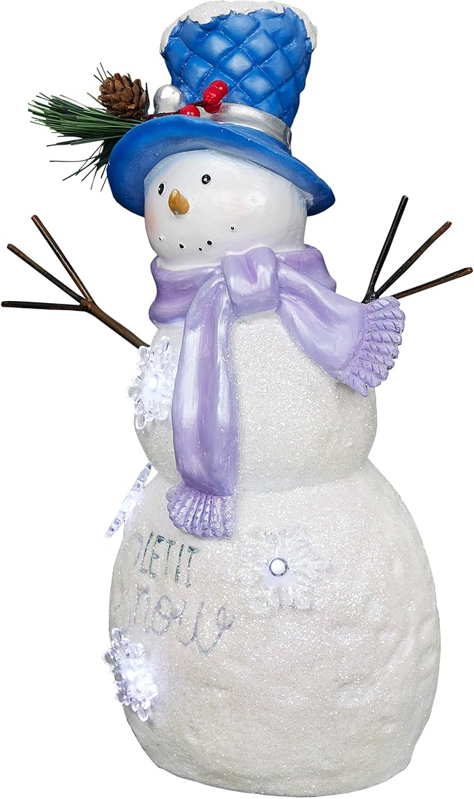 Alpine Corporation 14”H Lavender Winter "Let It Snow" Snowman Statue with Fading LED Lights, Christmas Decor
