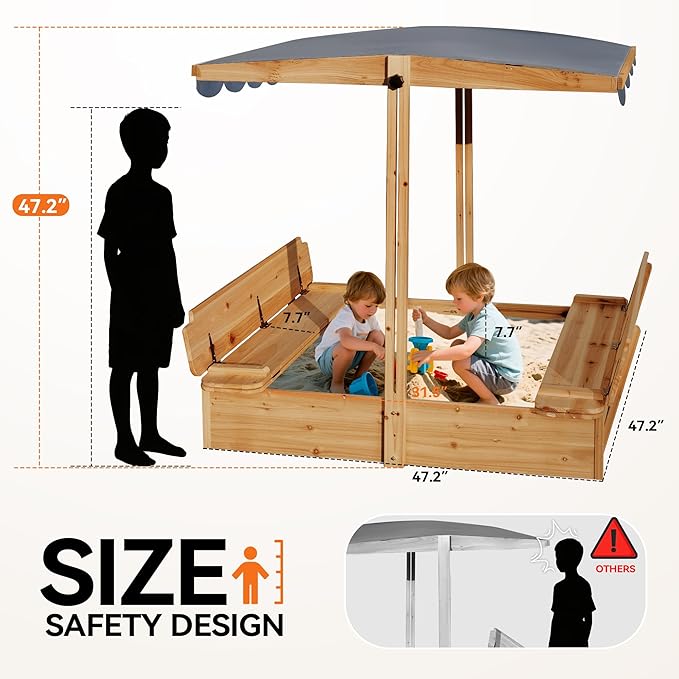Wooden Sandbox with Lid & Canopy Cover, 48x48 Large Outdoor Sand Box for Kids Ages 4-8, with Foldable Bench Seats, UV-Resistant & Adjustable Height Roof & Bottom Liner