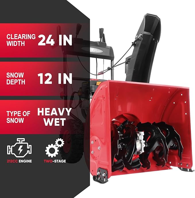 PowerSmart 24-Inch Two-Stage Self-Propelled Gas Snow Blower with 212cc Engine, Electric Start, 6 Forward/2 Reverse Speeds, and LED Lights