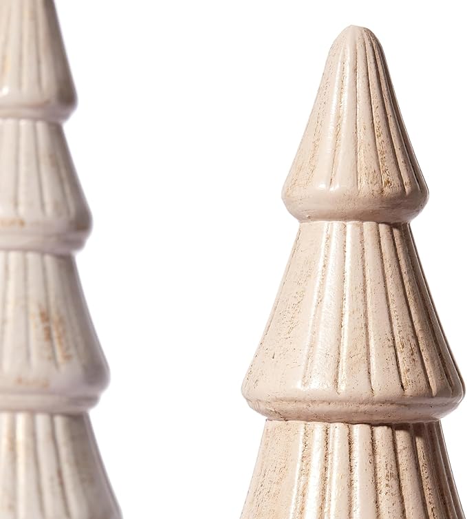 WONDROUS' DECO Wooden Christmas Tree Figurine, Tabletop Pink and Gold Tree Figurine, Set of 2 Desk Centerpieces for Christmas Decor