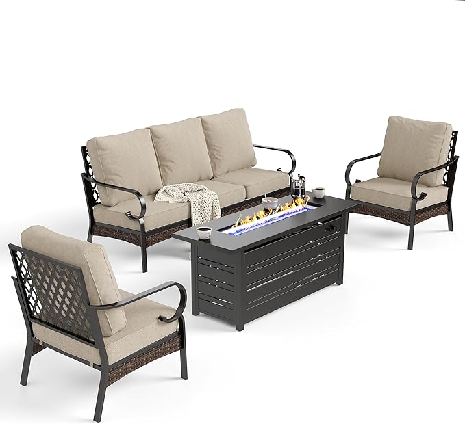 4 Piece Black Metal Outdoor Patio Furniture Sets with Firepit Table, Patio Conversation Sets 1 3-Seater Sofa, 2 Single Sofa with 5.75" Thick Cushion Backyard Furniture for Deck, Beige
