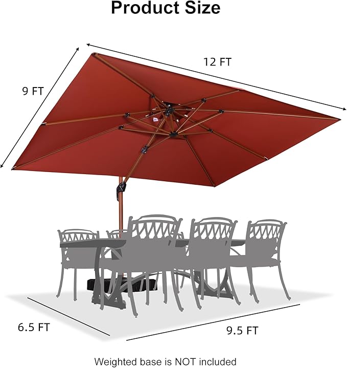 PURPLE LEAF 9' X 12' Double Top Deluxe Wood Pattern Rectangle Patio Umbrella Offset Hanging Umbrella Outdoor Market Umbrella Garden Umbrella, Brick Red