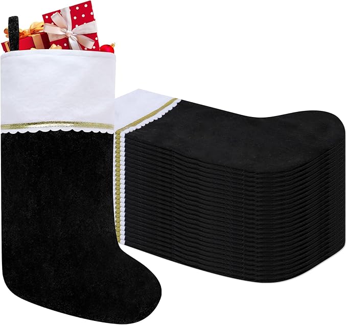 24 Pack Felt Christmas Stockings, 19 Inches Black and White Christmas Stockings, White Cuff with Gold Trim Christmas Stockings for Family Christmas Holiday Decorations