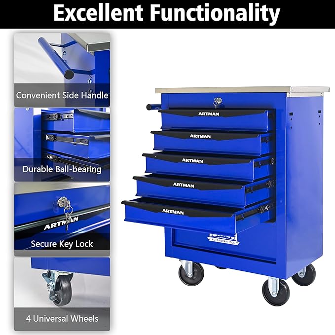RYH 4/5/6/7 Drawers Rolling Tool Chest -Heavy Duty Mobile Metal Tool Box with Locking Wheels, with Stainless Steel Worktop, Garage Tool Storage Cabinet (Blue, 6-Drawers 30.7 H¡¿22.2 W)