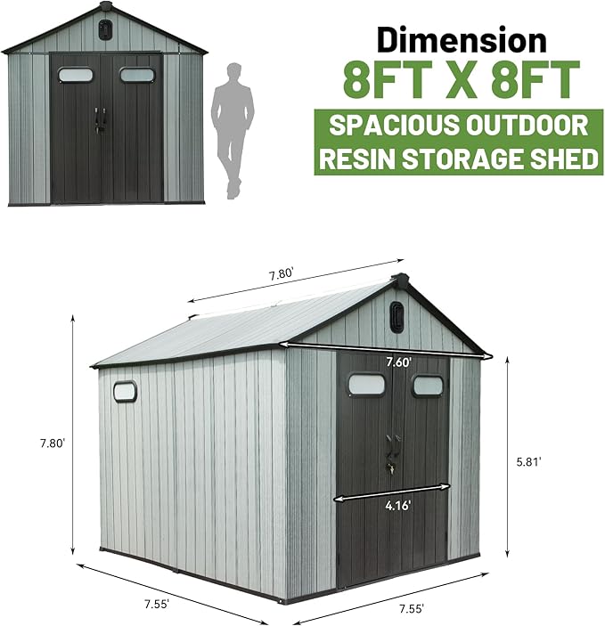 8X8FT Outdoor Resin Storage Shed, Waterproof Plastic Garden Shed with Lockable Door, Windows & Vents, Outside Storage Tool Shed for Patio Furniture, Lawn Mower, Bike