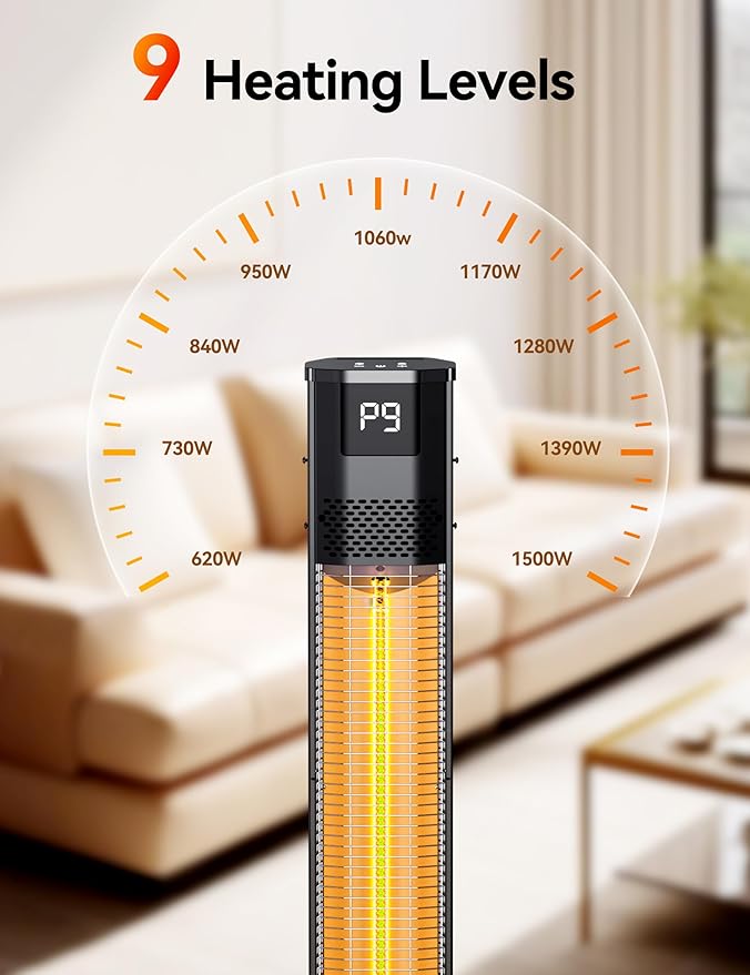 VAGKRI Outdoor Heaters, 1s Heating Carbon Infrared Patio Heaters With Remote, 9 Heat Levels, 24H Timer, IPX5 Waterproof, 42in Electric Space Heaters for Home, Office, Restaurant, Patio, and Garage
