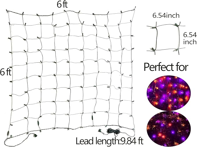 HISHINY Halloween Lights Outdoor,144LED 6ftx6ft Purple and Orange Net Lights with Connectable, Waterproof,UL Certified and Durable Black Wire Design for Bushes,Trees, Outdoor Indoor Party Decorations