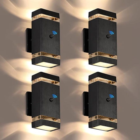 Outdoor Wall Lights 4 Packs, Integrated LED Up Down Lights, Modern Black Outdoor Wall Light with Dusk to Dawn Sensor Aluminum Exterior Wall Light for Porch Patio Door