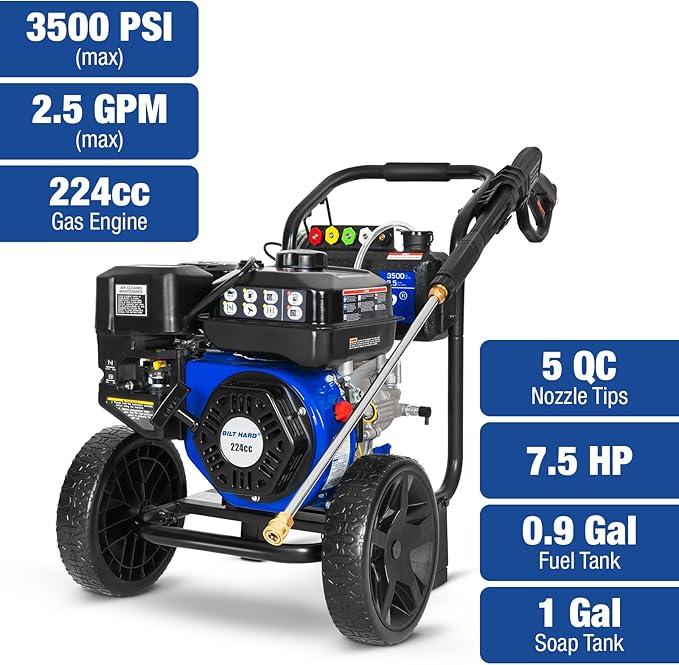BILT HARD 3500 PSI 2.5 GPM Gas Pressure Washer, 224cc 4-Cycle Engine, Heavy Duty Gas Power Pressure Washer with Spray Gun and Wand, 5 Quick Connect Nozzle Tips, 3/5¡¿25' Hose, 49-State