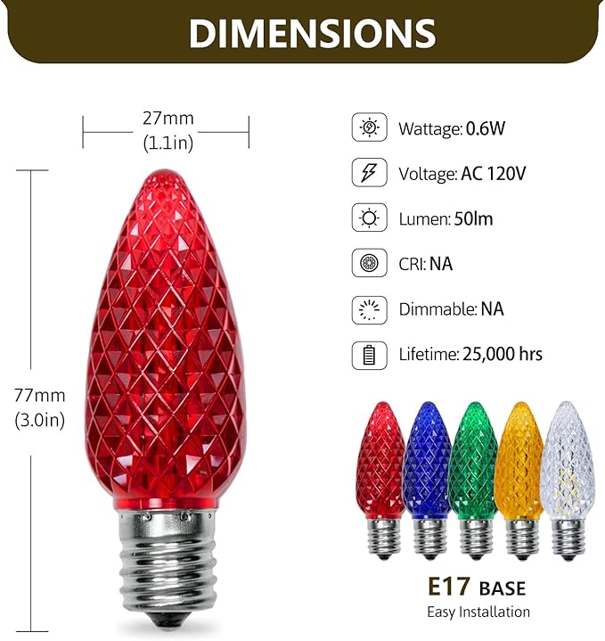C9 Christmas Light Bulbs 50 Pack, Shatterproof Replacement LED Bulb, Multicolor Fairy Lights for Indoor and Outdoor Holiday Decoration, E17 Base
