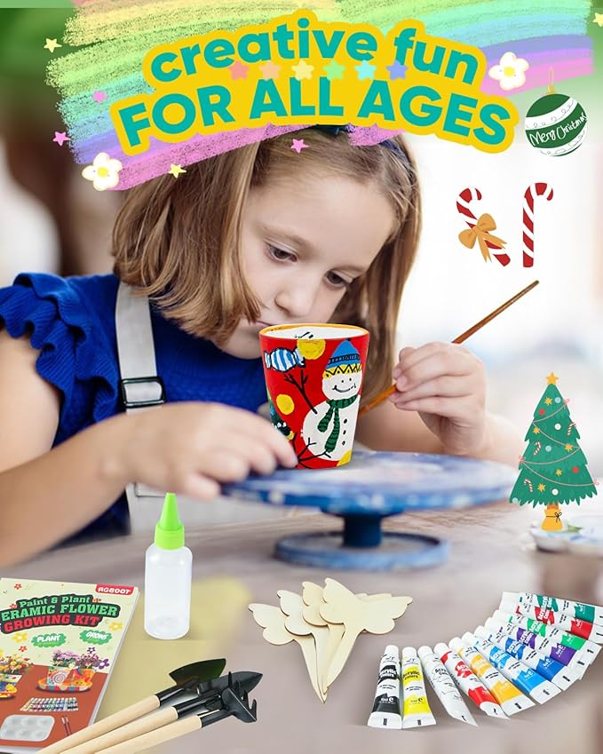 RGBDOT Kids Gardening Set Paint and Plant Stoneware Flower Gardening Kit with 4 Pots Arts and Crafts for Kids Ages 8-12 Best Children’s Day Gift for Girls Boys Ages 5 6 7 8 9 10