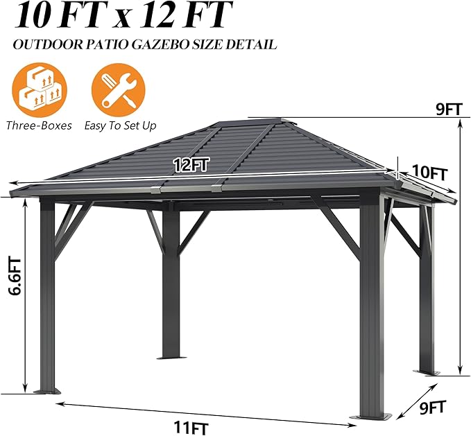GARTOO 10' x 12' Patio Hardtop Gazebo - Outdoor Metal Hard Top with Breathable Mesh, Galvanized Steel Top Gazebo for Garden, Lawn, Outdoor Party (Black)