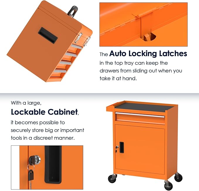 5-Drawer Rolling Tool Chest, High Capacity Removable Tool Storage Cabinet, Detachable Toolbox with Lock for Garage Warehouse and Tool Room (Orange)