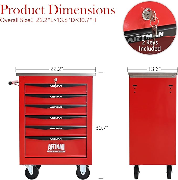 RYH 4/5/6/7 Drawers Rolling Tool Chest -Heavy Duty Mobile Metal Tool Box with Locking Wheels, with Stainless Steel Worktop, Garage Tool Storage Cabinet (Red, 6-Drawers 30.7 H¡¿22.2 W)