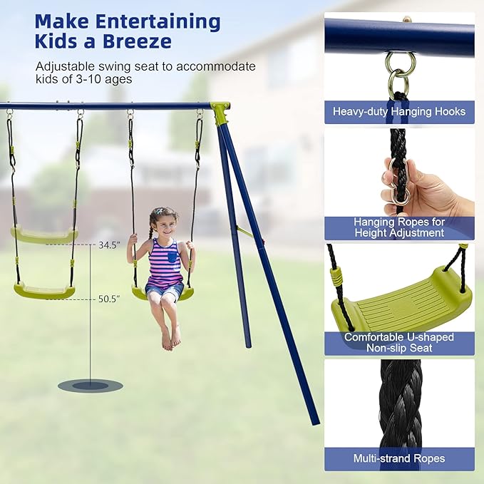 Costzon 440 lbs Swing Set for Backyard, 2-in-1 Heavy Duty Extra Large Metal Swing Frame with 2 Swings, Glider, Adjustable Hanging Ropes, Outdoor Playground Play Equipment, Swing Stand for Kids