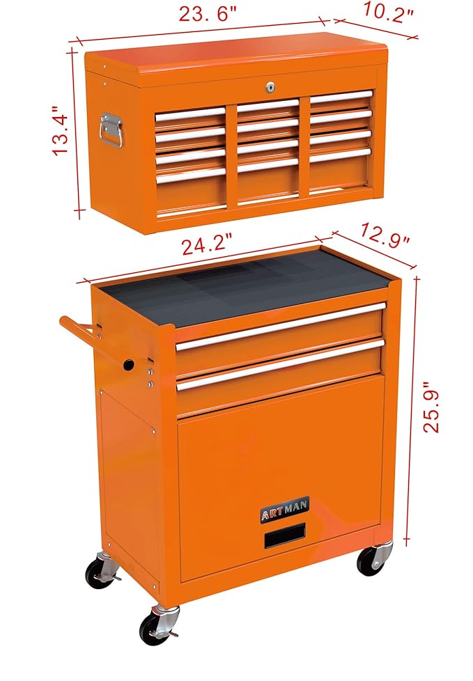 High Capacity Rolling Tool Chest with Wheels and 8 Drawers,Metal Storage Tool Cabinet W/Mobile Case,Pull Handle,4 Hooks,for Workshop Mechanics Garage,Orange