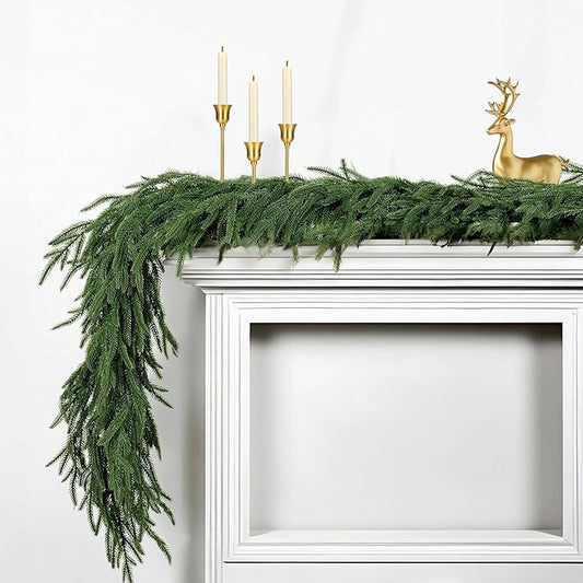 6 Ft 2 Pcs Artificial Norfolk Pine Garlands, Realistic Pine Garland, Green Artificial Greenery Garland for Table, Mantle, Wall, Indoor, Outdoor Winter Christmas Decorations