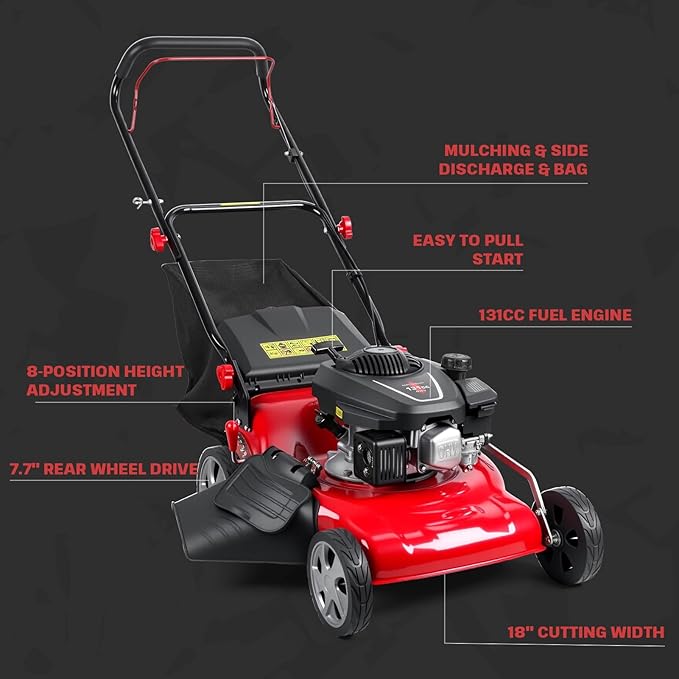 Foldable Self-Propelled Gas Lawn Mower with 131cc 4-Stroke Engine, 3-in-1(Bag/Mulch/Rear Discharge),8 Cutting Heights, Durable Steel Deck, Forced Air-Cooling System