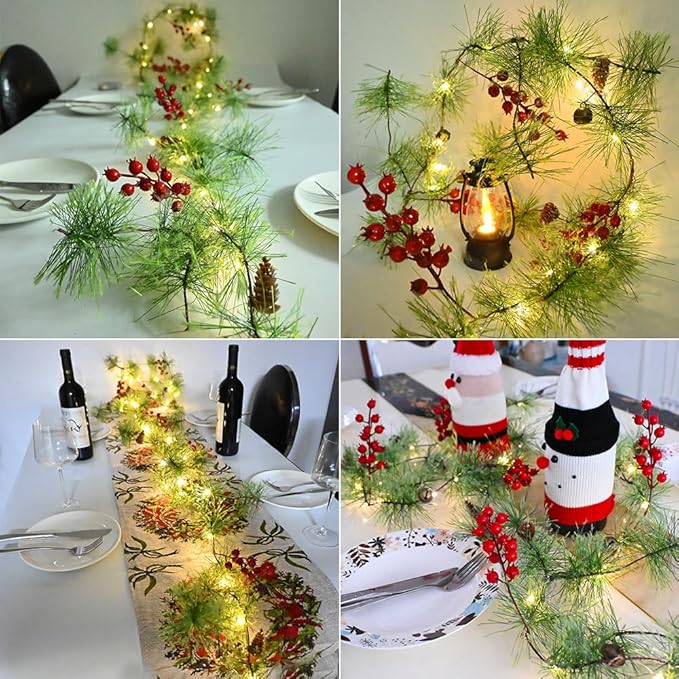 Christmas Garland Lights 6.56 FT Smokey Pine Garland with 30 LED Fairy Lights Battery Operated Garland Lights with Red Berries Bells Pine Cones Christmas Indoor Home Decorations