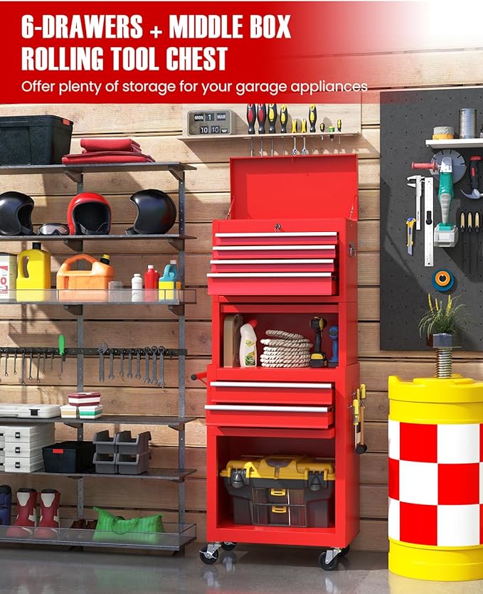 ARNOT 2-in-1 Rolling Tool Chest with 5 Drawers, Heavy-Duty Metal Tool Box with Wheels, Detachable Top Tool Box & Rolling Tool Cabinet for Garage, DIY (6-Drawers Whith Middle Box, Red)