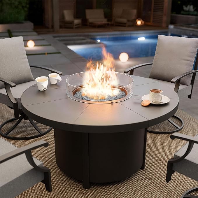 48 Round Propane Fire Pit,Steel Tabletop Fire Pit w Lava Rocks,55000 BTU Auto-Ignition Gas Fire Pits with Lid & Windproof Glass for Outdoor,Patio,Backyard