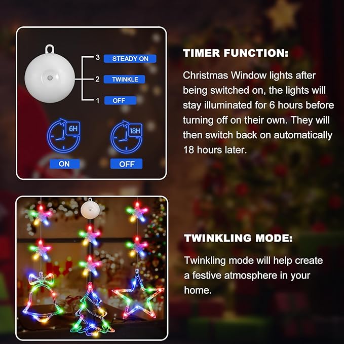 3Pcs Christmas Window Lights Decorations with Timer, Battery Powered Christmas Window Hanging Multicolor String Lighted Tree Bell Star Shaped LED Sucker for Xmas Window Fireplace Indoor Decor