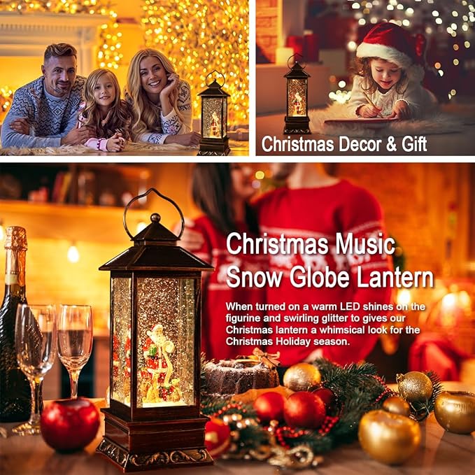 Christmas Snow Globe Lantern Christmas Decorations, Xmas Gifts Christma Vintage Home Decor Indoor,Sparkling with Music 6H Timer, Holiday Party Gifts (Santa Claus Red)
