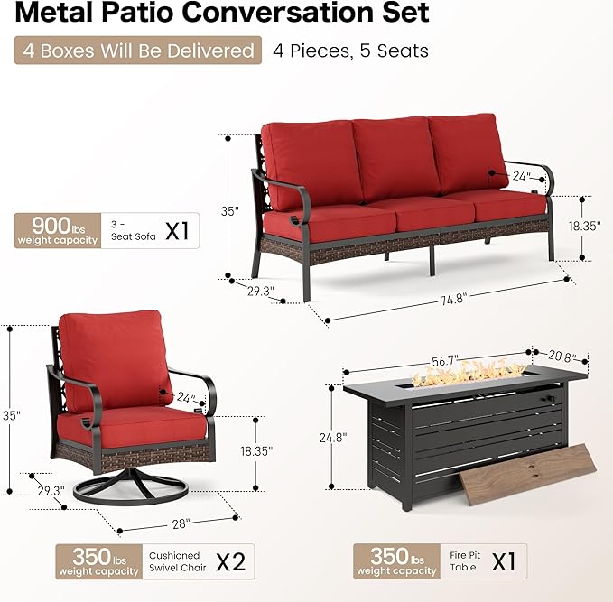 4 Piece Metal Outdoor Patio Furniture Sets with Firepit Table, Patio Conversation Sets 1 3-Seater Sofa, 2 Swivel Sofa with 5.75" Thick Cushion Backyard Furniture for Deck, Rust Red