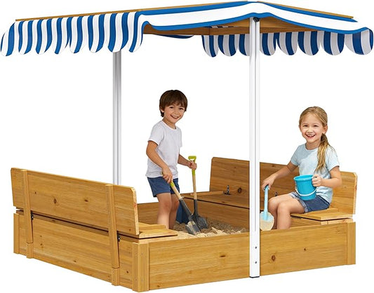 Kids Sandbox with Lid, Wooden Sand Box with Cover Adjustable Canopy, Storage,and Bottom Liner, for Backyard Outdoor Playgrounds Equipment Ages 4-8