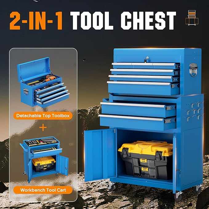 Crownland 8-Drawer Rolling Tool Chest with Wheels, Lockable 2 in 1 Detachable Tool Cabinet wit Drawers and Black Liners, Garage Top Toolbox & Bottom Storage Cart with Side Hooks(Blue)