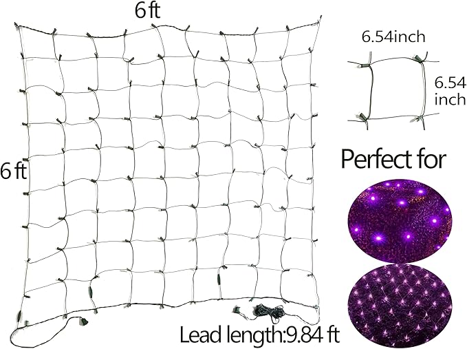 HISHINY Halloween Lights Outdoor,144LED 6ftx6ft Purple Net Lights with Connectable, Waterproof,UL Certified and Durable Black Wire Design for Bushes,Trees, Outdoor Indoor Party Decorations