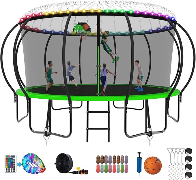 SKYUP 2026 Upgraded 8 10 12 14 15 16 FT 1500lbs Tranpoline for Kids and Adults with Light+Sprinkler+Socks, Recreational Tranpoline with Basketball Hoop, Ladder, ASTM Approved Tranpoline for 7-10 Kids