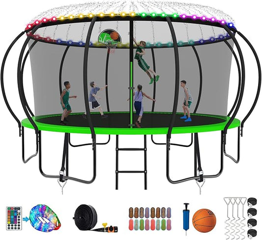 SKYUP 2026 Upgraded 8 10 12 14 15 16 FT 1500lbs Tranpoline for Kids and Adults with Light+Sprinkler+Socks, Recreational Tranpoline with Basketball Hoop, Ladder, ASTM Approved Tranpoline for 7-10 Kids
