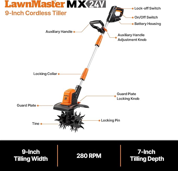 LawnMaster 24V MAX Cordless Tiller Cultivator, Lightweight Electric Garden Tiller, with 1* MAX 24V 4.0ah Battery&Charger, 4* Blade, 9In Tilling Width & 7In Depth for Weeding, Gardening & Cultivation