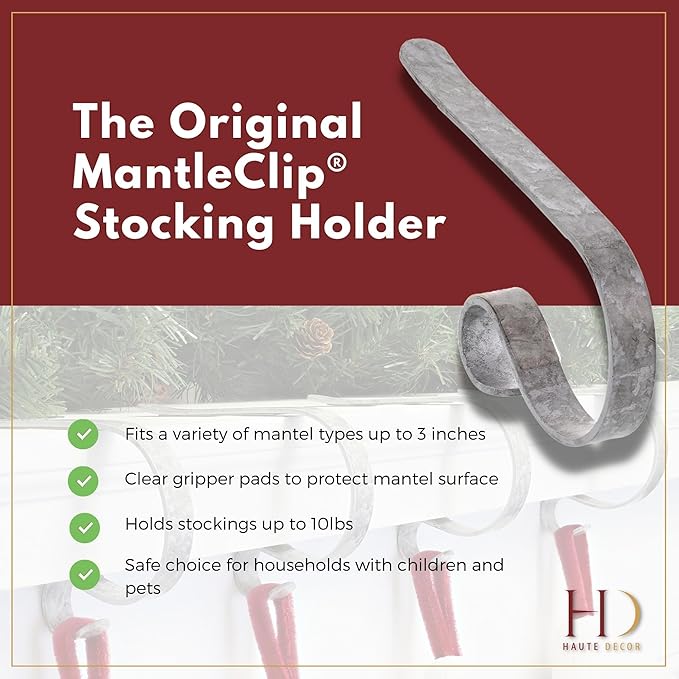 Haute Decor The Original MantleClip Stocking Hanger - 4 Pack (Galvanized Steel) - Christmas Stocking Holder adjusts to fit mantels up to 3 inches Thick