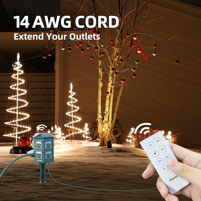 Outdoor Power Stake Timer, Remote Control Dusk to Dawn Light Timer, 6FT Extension Cord Waterproof, 6 Grounded Outlets for Outdoor Christmas Decorations, ETL Listed (6 FT)